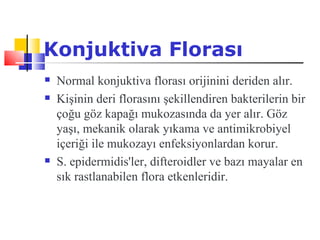 Konjuktiva Florası
   Normal konjuktiva florası orijinini deriden alır.
   Kişinin deri florasını şekillendiren bakterilerin bir
    çoğu göz kapağı mukozasında da yer alır. Göz
    yaşı, mekanik olarak yıkama ve antimikrobiyel
    içeriği ile mukozayı enfeksiyonlardan korur.
   S. epidermidis'ler, difteroidler ve bazı mayalar en
    sık rastlanabilen flora etkenleridir.
 