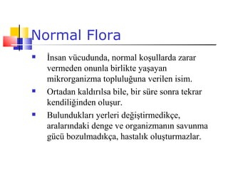 Normal Flora
   İnsan vücudunda, normal koşullarda zarar
    vermeden onunla birlikte yaşayan
    mikrorganizma topluluğuna verilen isim.
   Ortadan kaldırılsa bile, bir süre sonra tekrar
    kendiliğinden oluşur.
   Bulundukları yerleri değiştirmedikçe,
    aralarındaki denge ve organizmanın savunma
    gücü bozulmadıkça, hastalık oluşturmazlar.
 