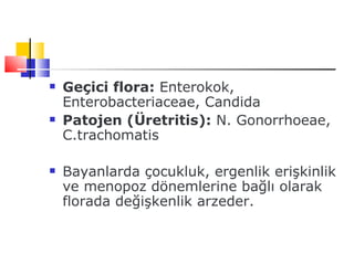   Geçici flora: Enterokok,
    Enterobacteriaceae, Candida
   Patojen (Üretritis): N. Gonorrhoeae,
    C.trachomatis

   Bayanlarda çocukluk, ergenlik erişkinlik
    ve menopoz dönemlerine bağlı olarak
    florada değişkenlik arzeder.
 