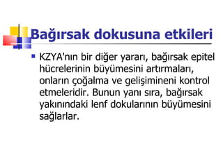 Bağırsak dokusuna etkileri
   KZYA'nın bir diğer yararı, bağırsak epitel
    hücrelerinin büyümesini artırmaları,
    onların çoğalma ve gelişimineni kontrol
    etmeleridir. Bunun yanı sıra, bağırsak
    yakınındaki lenf dokularının büyümesini
    sağlarlar.
 