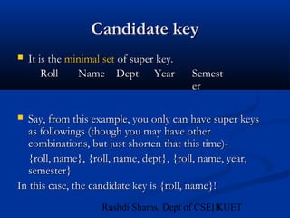 18Rushdi Shams, Dept of CSE, KUET
Candidate keyCandidate key
 It is theIt is the minimal setminimal set of super key.of super key.
 Say, from this example, you only can have super keysSay, from this example, you only can have super keys
as followings (though you may have otheras followings (though you may have other
combinations, but just shorten that this time)-combinations, but just shorten that this time)-
{roll, name}, {roll, name, dept}, {roll, name, year,{roll, name}, {roll, name, dept}, {roll, name, year,
semester}semester}
In this case, the candidate key is {roll, name}!In this case, the candidate key is {roll, name}!
RollRoll NameName DeptDept YearYear SemestSemest
erer
 