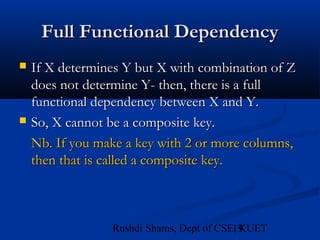 19Rushdi Shams, Dept of CSE, KUET
Full Functional DependencyFull Functional Dependency
 If X determines Y but X with combination of ZIf X determines Y but X with combination of Z
does not determine Y- then, there is a fulldoes not determine Y- then, there is a full
functional dependency between X and Y.functional dependency between X and Y.
 So, X cannot be a composite key.So, X cannot be a composite key.
Nb. If you make a key with 2 or more columns,Nb. If you make a key with 2 or more columns,
then that is called a composite key.then that is called a composite key.
 
