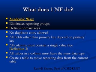 24Rushdi Shams, Dept of CSE, KUET
What does 1 NF do?What does 1 NF do?
 Academic Way:Academic Way:
 Eliminates repeating groupsEliminates repeating groups
 Defines primary keysDefines primary keys
 No duplicate entry allowedNo duplicate entry allowed
 All fields other than primary key depend on primaryAll fields other than primary key depend on primary
keykey
 All columns must contain a single value (seeAll columns must contain a single value (see
Definition 3Definition 3))
 All values in a column must have the same data typeAll values in a column must have the same data type
 Create a table to move repeating data from the currentCreate a table to move repeating data from the current
tabletable
 