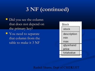 55Rushdi Shams, Dept of CSE, KUET
3 NF (continued)3 NF (continued)
 Did you see the columnDid you see the column
that does not depend onthat does not depend on
the primary key?the primary key?
 You need to separateYou need to separate
that column from thethat column from the
table to make it 3 NFtable to make it 3 NF
 