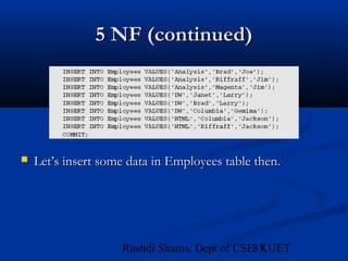 87Rushdi Shams, Dept of CSE, KUET
5 NF (continued)5 NF (continued)
 Let’s insert some data in Employees table then.Let’s insert some data in Employees table then.
 