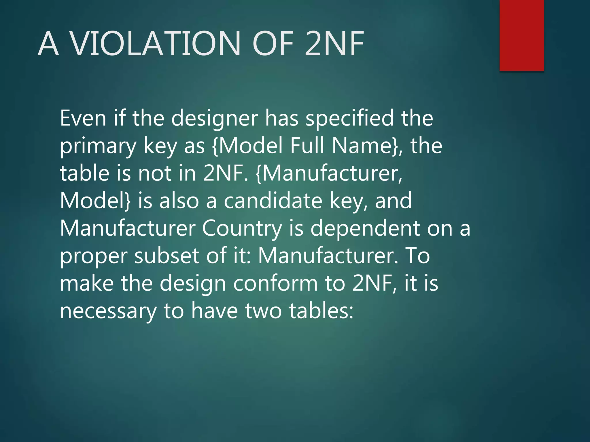 A VIOLATION OF 2NF
Even if the designer has specified the
primary key as {Model Full Name}, the
table is not in 2NF. {Manufacturer,
Model} is also a candidate key, and
Manufacturer Country is dependent on a
proper subset of it: Manufacturer. To
make the design conform to 2NF, it is
necessary to have two tables:
 