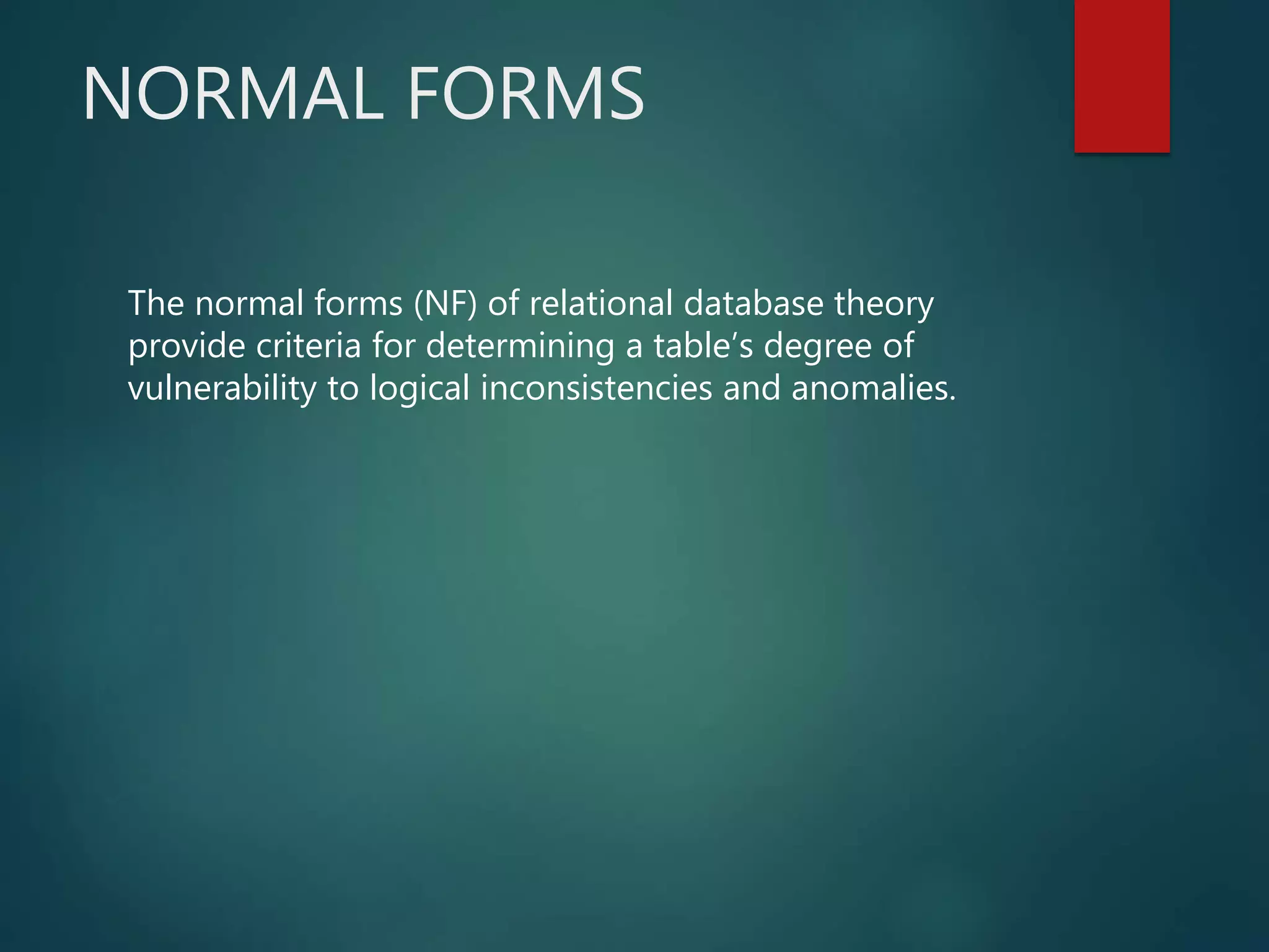 NORMAL FORMS
The normal forms (NF) of relational database theory
provide criteria for determining a table’s degree of
vulnerability to logical inconsistencies and anomalies.
 