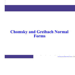 Chomsky and Greibach Normal
Forms
Chomsky and Greibach Normal Forms – p.1/2
 