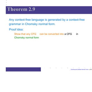 Theorem 2.9
Chomsky and Greibach Normal Forms – p.6/2
Any context-free language is generated by a context-free
grammar in Chomsky normal form.
Proof idea:
Show that any CFG can be converted into a CFG in
Chomsky normal form
 
