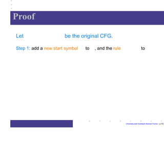 Proof
Chomsky and Greibach Normal Forms – p.7/2
Let be the original CFG.
Step 1: add a new start symbol to , and the rule to
 