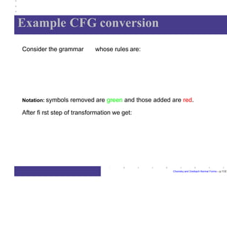 Example CFG conversion
Chomsky and Greibach Normal Forms – p.11/2
Consider the grammar whose rules are:
Notation: symbols removed are green and those added are red.
After fi rst step of transformation we get:
 