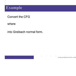 Example
Chomsky and Greibach Normal Forms – p.23/2
Convert the CFG
where
into Greibach normal form.
 