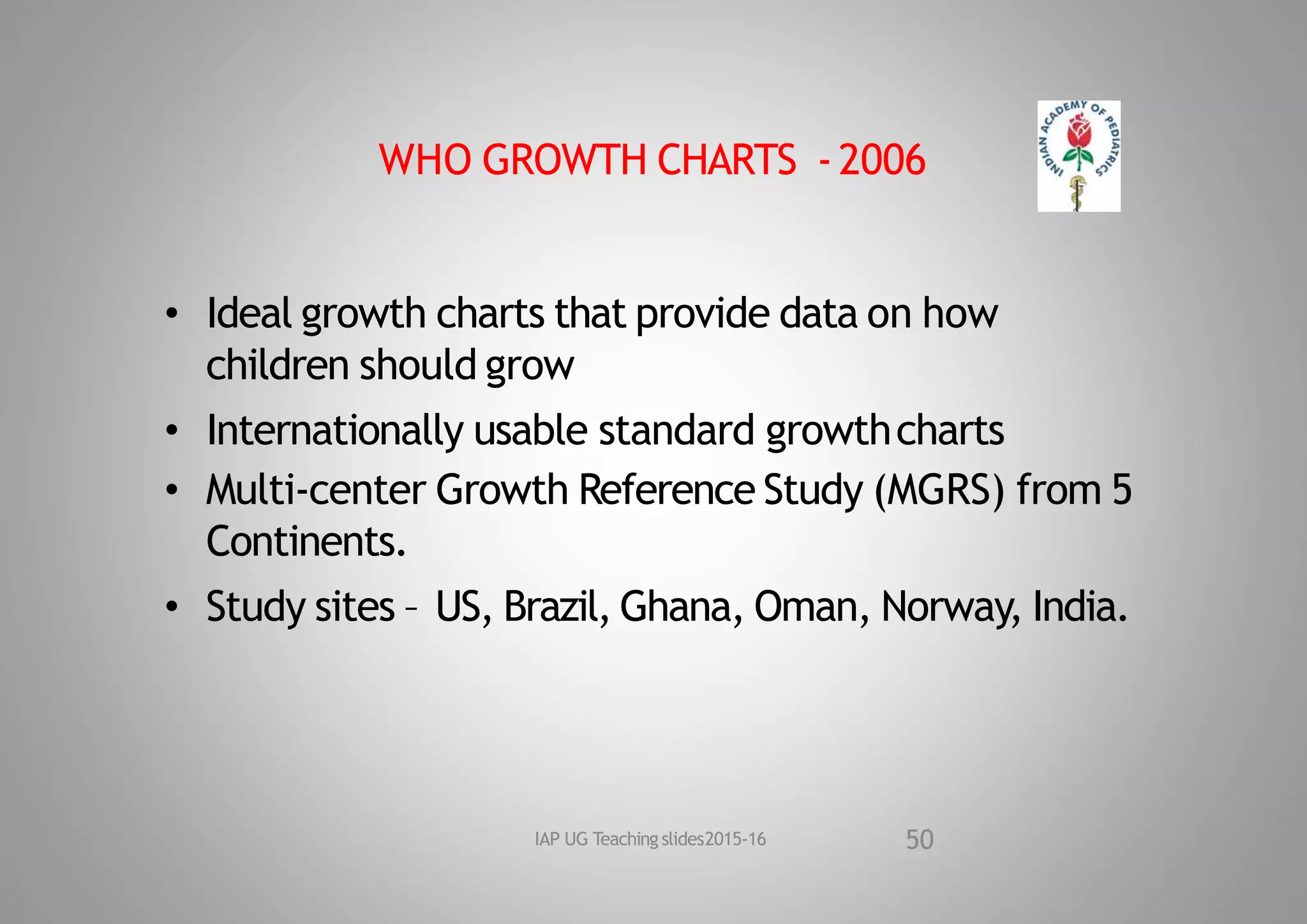 WHO GROWTH CHARTS ‐2006
• Ideal growth charts that provide data on how
children should grow
• Internationally usable standard growthcharts
• Multi‐center Growth Reference Study (MGRS) from 5
Continents.
• Study sites – US, Brazil, Ghana, Oman, Norway, India.
50
IAP UG Teaching slides2015‐16
 