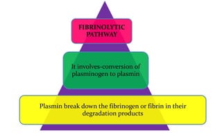 FIBRINOLYTIC
PATHWAY
It involves-conversion of
plasminogen to plasmin
Plasmin break down the fibrinogen or fibrin in their...
