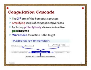 Coagulation CascadeCoagulation Cascade
The 3rd arm of the hemostatic process
Amplifying series of enzymatic conversions
Each step proteolytically cleaves an inactive
proenzyme
ThrombinThrombin formation is the targetThrombinThrombin formation is the target
10/9/2016 18
 