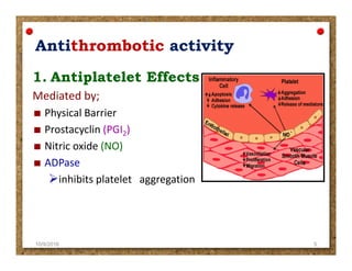Mediated by;
Physical Barrier
Prostacyclin (PGI2)
AntiAntithromboticthrombotic activityactivity
Prostacyclin (PGI2)
Nitric oxide (NO)
ADPase
inhibits platelet aggregation
10/9/2016 5
 