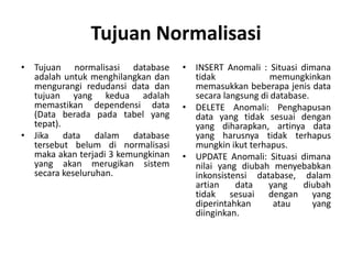 Tujuan Normalisasi
• Tujuan normalisasi database
adalah untuk menghilangkan dan
mengurangi redudansi data dan
tujuan yang kedua adalah
memastikan dependensi data
(Data berada pada tabel yang
tepat).
• Jika data dalam database
tersebut belum di normalisasi
maka akan terjadi 3 kemungkinan
yang akan merugikan sistem
secara keseluruhan.
• INSERT Anomali : Situasi dimana
tidak memungkinkan
memasukkan beberapa jenis data
secara langsung di database.
• DELETE Anomali: Penghapusan
data yang tidak sesuai dengan
yang diharapkan, artinya data
yang harusnya tidak terhapus
mungkin ikut terhapus.
• UPDATE Anomali: Situasi dimana
nilai yang diubah menyebabkan
inkonsistensi database, dalam
artian data yang diubah
tidak sesuai dengan yang
diperintahkan atau yang
diinginkan.
 
