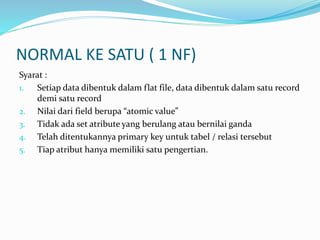 NORMAL KE SATU ( 1 NF)
Syarat :
1. Setiap data dibentuk dalam flat file, data dibentuk dalam satu record
demi satu record
2. Nilai dari field berupa “atomic value”
3. Tidak ada set atribute yang berulang atau bernilai ganda
4. Telah ditentukannya primary key untuk tabel / relasi tersebut
5. Tiap atribut hanya memiliki satu pengertian.
 