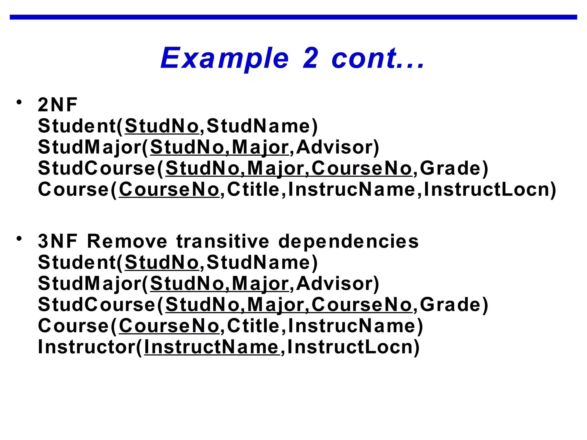 Example 2 cont...
• 2NF
Student(StudNo,StudName)
StudMajor(StudNo,Major,Advisor)
StudCourse(StudNo,Major,CourseNo,Grade)
Course(CourseNo,Ctitle,InstrucName,InstructLocn)
• 3NF Remove transitive dependencies
Student(StudNo,StudName)
StudMajor(StudNo,Major,Advisor)
StudCourse(StudNo,Major,CourseNo,Grade)
Course(CourseNo,Ctitle,InstrucName)
Instructor(InstructName,InstructLocn)
 