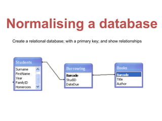 Normalising a database
Create a relational database; with a primary key; and show relationships
 