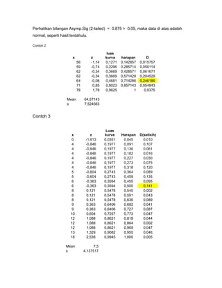 Perhatikan bilangan Asymp.Sig (2-tailed) = 0.875 > 0.05, maka data di atas adalah
normal, seperti hasil terdahulu.
Contoh 2
x z
luas
kurva harapan D
56 -1,14 0,1271 0,142857 0,015757
59 -0,74 0,2296 0,285714 0,056114
62 -0,34 0,3669 0,428571 0,061671
62 -0,34 0,3669 0,571429 0,204529
64 -0,08 0,4681 0,714286 0,246186
71 0,85 0,8023 0,857143 0,054843
78 1,78 0,9625 1 0,0375
Mean 64,57143
s 7,524563
Contoh 3
x z
Luas
kurve Harapan D(selisih)
0 -1,813 0,0351 0,045 0,010
4 -0,846 0,1977 0,091 0,107
4 -0,846 0,1977 0,136 0,061
4 -0,846 0,1977 0,182 0,016
4 -0,846 0,1977 0,227 0,030
4 -0,846 0,1977 0,273 0,075
4 -0,846 0,1977 0,318 0,120
5 -0,604 0,2743 0,364 0,089
5 -0,604 0,2743 0,409 0,135
6 -0,363 0,3594 0,455 0,095
6 -0,363 0,3594 0,500 0,141
8 0,121 0,5478 0,545 0,002
8 0,121 0,5478 0,591 0,043
8 0,121 0,5478 0,636 0,089
9 0,363 0,6406 0,682 0,041
9 0,363 0,6406 0,727 0,087
10 0,604 0,7257 0,773 0,047
12 1,088 0,8621 0,818 0,044
12 1,088 0,8621 0,864 0,002
12 1,088 0,8621 0,909 0,047
13 1,329 0,9082 0,955 0,046
18 2,538 0,9945 1,000 0,005
Mean 7,5
s 4,137517
 