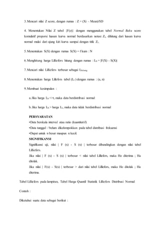 3.Mencari nilai Z score, dengan rumus : Z = (Xi – Mean)/SD
4. Menentukan Nilai Z tabel {F(z)} dengan menggunakan tabel Normal Baku score
komulatif proporsi luasan kurva normal berdasarkan notasi Zi, dihitung dari luasan kurva
normal mulai dari ujung kiri kurva sampai dengan titik Zi.
5.Menentukan S(X) dengan rumus S(X) = f kum : N
6.Menghitung harga Lilliefors hitung dengan rumus : Lh = |F(X) – S(X)|
7.Mencari nilai Lilliefors terbesar sebagai Lhitung
8.Menentukan harga Lillefors tabel (Lt ) dengan rumus : (a, n)
9.Membuat kesimpulan :
a.Jika harga Lh <>t, maka data berdistribusi normal
b.Jika harga Lh > harga Lt, maka data tidak berdistribusi normal
PERSYARATAN
•Data berskala interval atau ratio (kuantitatif)
•Data tunggal / belum dikelompokkan pada tabel distribusi frekuensi
•Dapat untuk n besar maupun n kecil.
SIGNIFIKANSI
Signifikansi uji, nilai | F (x) - S (x) | terbesar dibandingkan dengan nilai tabel
Lilliefors.
Jika nilai | F (x) - S (x) | terbesar < nilai tabel Lilliefors, maka Ho diterima ; Ha
ditolak.
Jika nilai | F(x) - S(x) | terbesar > dari nilai tabel Lilliefors, maka Ho ditolak ; Ha
diterima.
Tabel Lilliefors pada lampiran, Tabel Harga Quantil Statistik Lilliefors Distribusi Normal
Contoh :
Diketahui suatu data sebagai berikut :
 