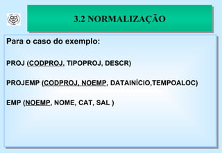 3.2 NORMALIZAÇÃO Para o caso do exemplo: PROJ ( CODPROJ , TIPOPROJ, DESCR) PROJEMP ( CODPROJ, NOEMP , DATAINÍCIO,TEMPOALOC) EMP ( NOEMP , NOME, CAT, SAL ) 