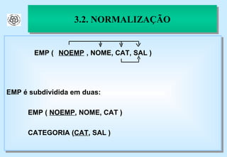 3.2. NORMALIZAÇÃO EMP é subdividida em duas: EMP (  NOEMP , NOME, CAT ) CATEGORIA ( CAT , SAL ) 