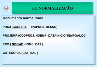 3.2. NORMALIZAÇÃO Documento normalizado: PROJ ( CODPROJ , TIPOPROJ, DESCR) PROJEMP ( CODPROJ, NOEMP , DATAINÍCIO,TEMPOALOC) EMP (  NOEMP , NOME, CAT ) CATEGORIA ( CAT , SAL ) 