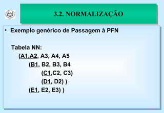 3.2. NORMALIZAÇÃO Exemplo genérico de Passagem à PFN Tabela NN:   ( A1,A2 , A3, A4, A5   ( B1 , B2, B3, B4   ( C1 ,C2, C3)   ( D1 , D2) )   ( E1 , E2, E3) ) 
