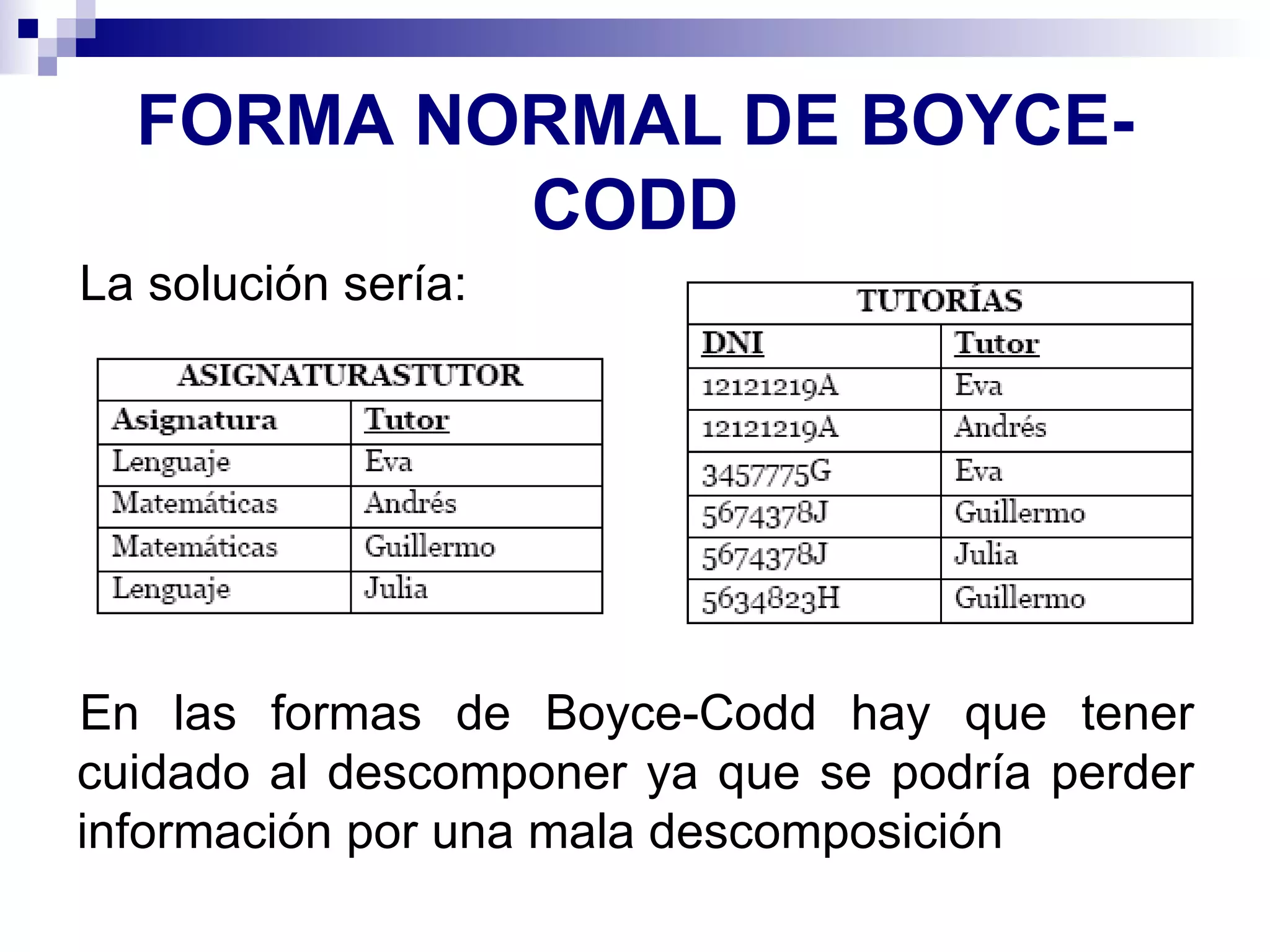 FORMA NORMAL DE BOYCE-CODD La solución sería: En las formas de Boyce-Codd hay que tener cuidado al descomponer ya que se podría perder información por una mala descomposición 