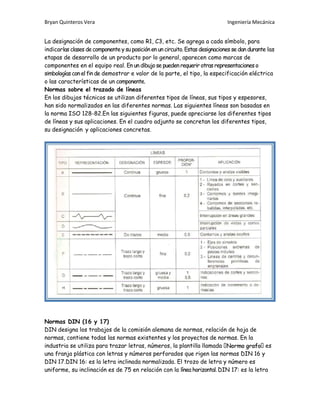 Bryan Quinteros Vera Ingeniería Mecánica
La designación de componentes, como R1, C3, etc. Se agrega a cada símbolo, para
indicarlas clases de componente y su posición en un circuito. Estas designaciones se dan durante las
etapas de desarrollo de un producto por lo general, aparecen como marcas de
componentes en el equipo real. En un dibujo se pueden requerir otras representaciones o
simbologías con el fin de demostrar e valor de la parte, el tipo, la especificación eléctrica
o las características de un componente.
Normas sobre el trazado de líneas
En los dibujos técnicos se utilizan diferentes tipos de líneas, sus tipos y espesores,
han sido normalizados en las diferentes normas. Las siguientes líneas son basadas en
la norma ISO 128-82.En las siguientes figuras, puede apreciarse los diferentes tipos
de líneas y sus aplicaciones. En el cuadro adjunto se concretan los diferentes tipos,
su designación y aplicaciones concretas.
Normas DIN (16 y 17)
DIN designa los trabajos de la comisión alemana de normas, relación de hoja de
normas, contiene todas las normas existentes y los proyectos de normas. En la
industria se utiliza para trazar letras, números, la plantilla llamada es
una franja plástica con letras y números perforados que rigen las normas DIN 16 y
DIN 17.DIN 16: es la letra inclinada normalizada. El trozo de letra y número es
uniforme, su inclinación es de 75 en relación con la línea horizontal. DIN 17: es la letra
 