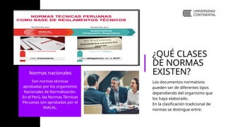 Los documentos normativos
pueden ser de diferentes tipos
dependiendo del organismo que
los haya elaborado.
En la clasificación tradicional de
normas se distingue entre:
Son normas técnicas
aprobadas por los organismos
Nacionales de Normalización.
En el Perú, las Normas Técnicas
Peruanas son aprobadas por el
INACAL.
Normas nacionales
¿QUÉ CLASES
DE NORMAS
EXISTEN?
UNIVERSIDAD
CONTINENTAL
 