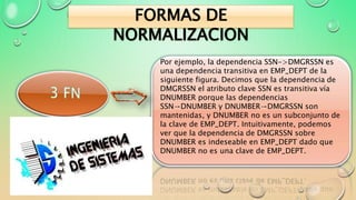 Por ejemplo, la dependencia SSN->DMGRSSN es
una dependencia transitiva en EMP_DEPT de la
siguiente figura. Decimos que la dependencia de
DMGRSSN el atributo clave SSN es transitiva vía
DNUMBER porque las dependencias
SSN→DNUMBER y DNUMBER→DMGRSSN son
mantenidas, y DNUMBER no es un subconjunto de
la clave de EMP_DEPT. Intuitivamente, podemos
ver que la dependencia de DMGRSSN sobre
DNUMBER es indeseable en EMP_DEPT dado que
DNUMBER no es una clave de EMP_DEPT.
FORMAS DE
NORMALIZACION
 