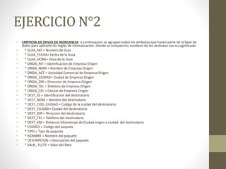 EJERCICIO N°2
• EMPRESA DE ENVIO DE MERCANCIA: a continuación se agrupan todos los atributos que hacen parte de la base de
datos para aplicarle las reglas de normalización. Donde se incluyen los nombres de los atributos con su significado
• * GUIA_NO = Numero de Guia
• * GUIA_FECHA= Fecha de la Guia
• * GUIA_HORA= Hora de la Guia
• * ORGN_RIF = Identificacion de Empresa Origen
• * ORGN_NOM = Nombre de Empresa Origen
• * ORGN_ACT = Actividad Comercial de Empresa Origen
• * ORGN_CIUDAD= Ciudad de Empresa Origen
• * ORGN_DIR = Direccion de Empresa Origen
• * ORGN_TEL = Telefono de Empresa Origen
• * ORGN_CEL = Celular de Empresa Origen
• * DEST_ID = Identificacion del destinatario
• * DEST_NOM = Nombre del destinatario
• * DEST_COD_CIUDAD = Codigo de la ciudad del destinatario
• * DEST_CIUDAD= Ciudad del destinatario
• * DEST_DIR = Direccion del destinatario
• * DEST_TEL = Telefono del destinatario
• * DEST_KM = Distancia kilometraje de Ciudad origen a ciudad del destinatario
• * CODIGO = Codigo del paquete
• * TIPO = Tipo de paquete
• * NOMBRE = Nombre del paquete
• * DESCRIPCION = Descripción del paquete
• * VALR_ FLETE = Valor del flete
 