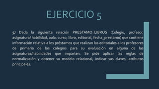 EJERCICIO 5
5) Dada la siguiente relación PRESTAMO_LIBROS (Colegio, profesor,
asignatura/ habilidad, aula, curso, libro, editorial, fecha_prestamo) que contiene
información relativa a los préstamos que realizan las editoriales a los profesores
de primaria de los colegios para su evaluación en alguna de las
asignaturas/habilidades que imparten. Se pide aplicar las reglas de
normalización y obtener su modelo relacional, indicar sus claves, atributos
principales.
 