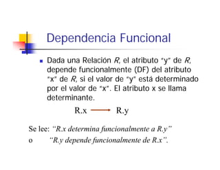 Dependencia Funcional
     Dada una Relación R, el atributo “y” de R,
     depende funcionalmente (DF) del atributo
     “x” de R, si el valor de “y” está determinado
     por el valor de “x”. El atributo x se llama
     determinante.
     d t     i   t
              R.x         R.y

Se lee: “R.x determina funcionalmente a R.y”
o      “R.y d
       “R depende funcionalmente de R.x”.
                  d f i l        t d R ”
 
