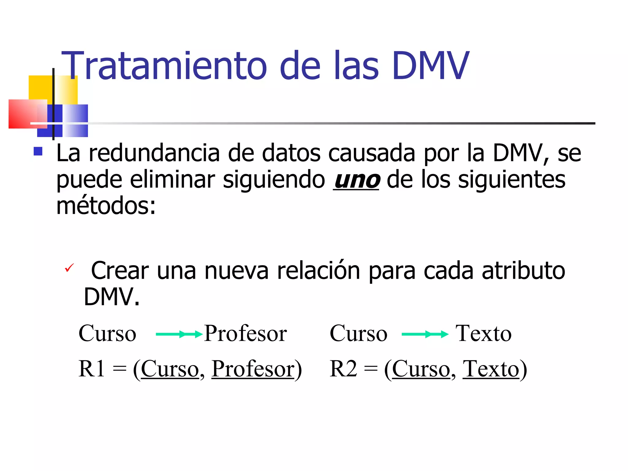 Tratamiento de las DMV La redundancia de datos causada por la DMV, se puede eliminar siguiendo  uno  de los siguientes métodos: Crear una nueva relación para cada atributo DMV. Curso Profesor  Curso Texto R1 = ( Curso ,  Profesor ) R2 = ( Curso ,  Texto ) 