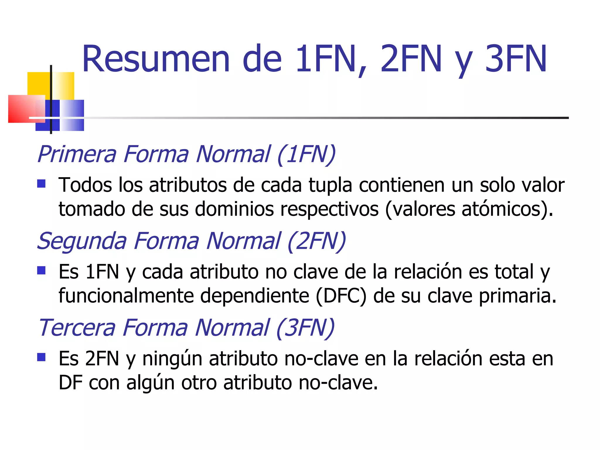 Resumen de 1FN, 2FN y 3FN Primera Forma Normal (1FN) Todos los atributos de cada tupla contienen un solo valor tomado de sus dominios respectivos (valores atómicos). Segunda Forma Normal (2FN) Es 1FN y cada atributo no clave de la relación es total y funcionalmente dependiente (DFC) de su clave primaria. Tercera Forma Normal (3FN) Es 2FN y ningún atributo no-clave en la relación esta en DF con algún otro atributo no-clave. 