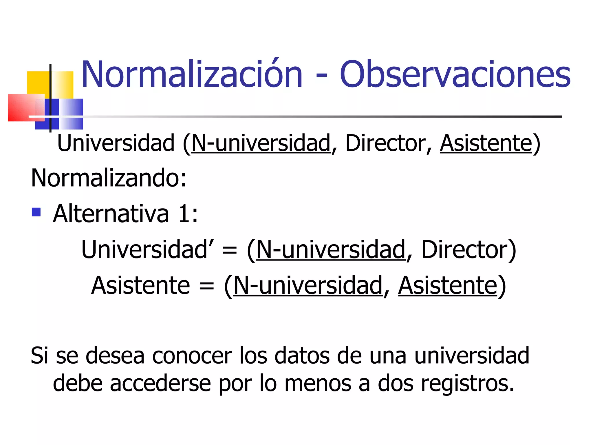 Normalización - Observaciones Universidad ( N-universidad , Director,  Asistente ) Normalizando: Alternativa 1: Universidad’ = ( N-universidad , Director) Asistente = ( N-universidad ,  Asistente ) Si se desea conocer los datos de una universidad debe accederse por lo menos a dos registros. 