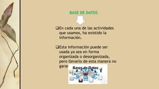 BASE DE DATOS
En cada una de las actividades
que usamos, ha existido la
información.
Esta información puede ser
usada ya sea en forma
organizada o desorganizada,
pero llevarlo de esta manera no
garantiza su buen uso.
 