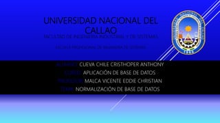 UNIVERSIDAD NACIONAL DEL
CALLAO
FACULTAD DE INGENIERIA INDUSTRIAL Y DE SISTEMAS
ESCUELA PROFESIONAL DE INGENIERIA DE SISTEMAS
ALUMNO: CUEVA CHILE CRISTHOPER ANTHONY
CURSO: APLICACIÓN DE BASE DE DATOS
PROFESOR: MALCA VICENTE EDDIE CHRISTIAN
TEMA: NORMALIZACIÓN DE BASE DE DATOS
 