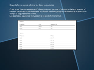 Segunda forma normal: eliminar los datos redundantes 
Observe los diversos valores de Nº clase para cada valor de Nº alumno en la tabla anterior. Nº 
clase no depende funcionalmente de Nº alumno (la clave principal), de modo que la relación no 
cumple la segunda forma normal. 
Las dos tablas siguientes demuestran la segunda forma normal: 
 