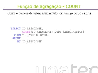 Função de agragação - COUNT Conta o número de valores não nmulos em um grupo de valores SELECT  ID_ATENDENTE , COUNT ( ID_ATENDENTE ) [QTDE_ATENDIMENTOS] FROM  TBL_ATENDIMENTOS GROUP BY  ID_ATENDENTE 