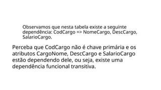 Observamos que nesta tabela existe a seguinte
dependência: CodCargo => NomeCargo, DescCargo,
SalarioCargo.
Perceba que CodCargo não é chave primária e os
atributos CargoNome, DescCargo e SalarioCargo
estão dependendo dele, ou seja, existe uma
dependência funcional transitiva.
 
