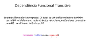Dependência Funcional Transitiva
Se um atributo não-chave possui DF total de um atributo chave e também
possui DF total de um ou mais atributos não-chave, então diz-se que existe
uma DF transitiva ou indireta da CP.
Empregado (codEmp, nome, categ, sal)
 