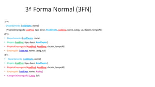 3ª Forma Normal (3FN)
1FN:
Departamento (codDepto, nome)
ProjetoEmpregado (codProj, tipo, descr, #codDepto, codEmp, nome, categ, sal, dataIni, tempoAl)
2FN:
• Departamento (codDepto, nome)
• Projeto (codProj, tipo, descr, #codDepto )
• ProjetoEmpregado (#codProj, #codEmp, dataIni, tempoAl)
• Empregado (codEmp, nome, categ, sal)
3FN
• Departamento (codDepto, nome)
• Projeto (codProj, tipo, descr, #codDepto )
• ProjetoEmpregado (#codProj, #codEmp, dataIni, tempoAl)
• Empregado (codEmp, nome, #categ)
• CategoriaEmpregado (Categ, Sal)
 