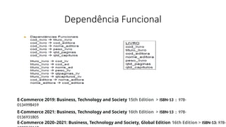 Dependência Funcional
E-Commerce 2019: Business, Technology and Society 15th Edition > ISBN-13 : 978-
0134998459
E-Commerce 2021: Business, Technology and Society 16th Edition > ISBN-13 : 978-
0136931805
E-Commerce 2020–2021: Business, Technology and Society, Global Edition 16th Edition > ISBN-13: 978-
 