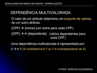 MODELAGEM EM BANCO DE DADOS - NORMALIZAÇÃO ©  PROF. MARCOS ALEXANDRUK DEPENDÊNCIA MULTIVALORADA O valor de um atributo determina um  conjunto de valores de um outro atributo. {CPF}    {nome} (um nome para cada CPF) {CPF}    {dependente} (vários dependentes para cada CPF) Uma dependência multivalorada é representada por: X    Y  (X multidetermina Y ou Y é multidependente de X) 