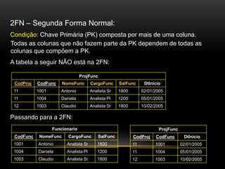 2FN – Segunda Forma Normal:
Condição: Chave Primária (PK) composta por mais de uma coluna.
Todas as colunas que não fazem parte da PK dependem de todas as
colunas que compõem a PK.
A tabela a seguir NÃO está na 2FN:

                                ProjFunc
 CodProj   CodFunc     NomeFunc       CargoFunc     SalFunc      DtInicio
 11        1001      Antonio          Analista Sr   1800        02/01/2005
 11        1004      Daniela          Analista Pl   1200        05/01/2005
 12        1003      Claudio          Analista Sr   1800        10/02/2005

Passando para a 2FN:
                  Funcionario                                           ProjFunc
 CodFunc    NomeFunc     CargoFunc        SalFunc          CodProj    CodFunc       DtInicio
 1001      Antonio      Analista Sr       1800             11         1001         02/01/2005
 1004      Daniela      Analista Pl       1200             11         1004         05/01/2005
 1003      Claudio      Analista Sr       1800             12         1003         10/02/2005
 